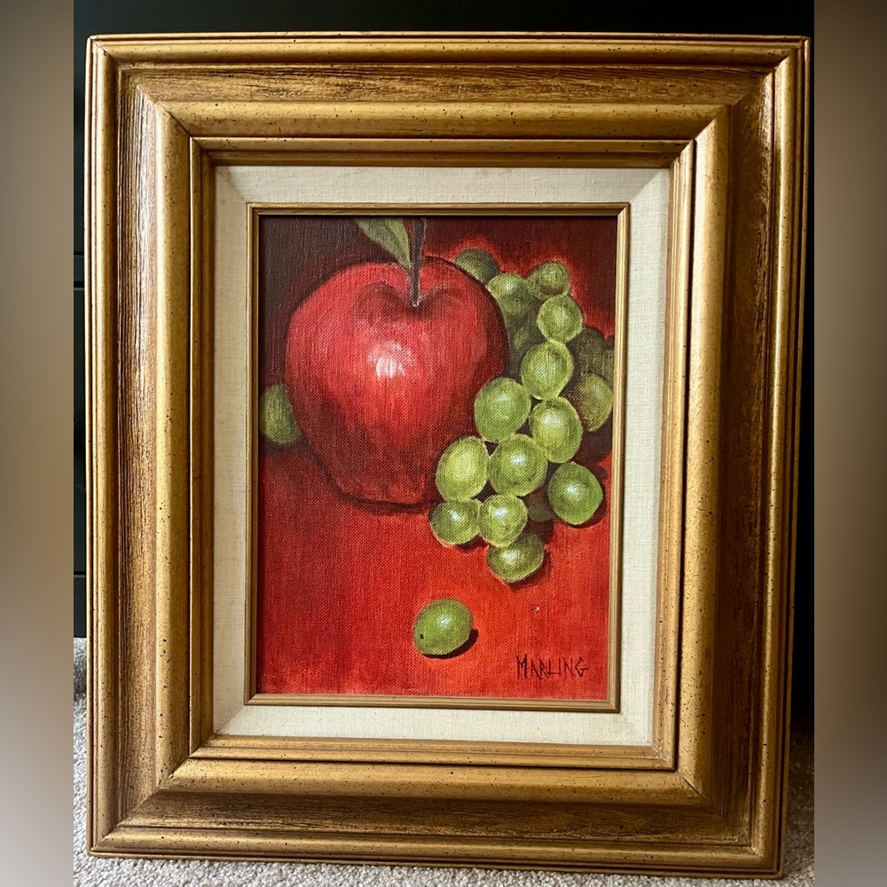 MCM Vintage Still Life Oil Painting Apples Grapes Signed Marling 1982 Framed Art - Picture 2 of 11